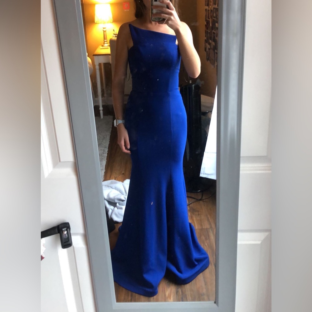 Blue Nicole Bakti Aida fit and flare mermaid gown asymmetrical neckline